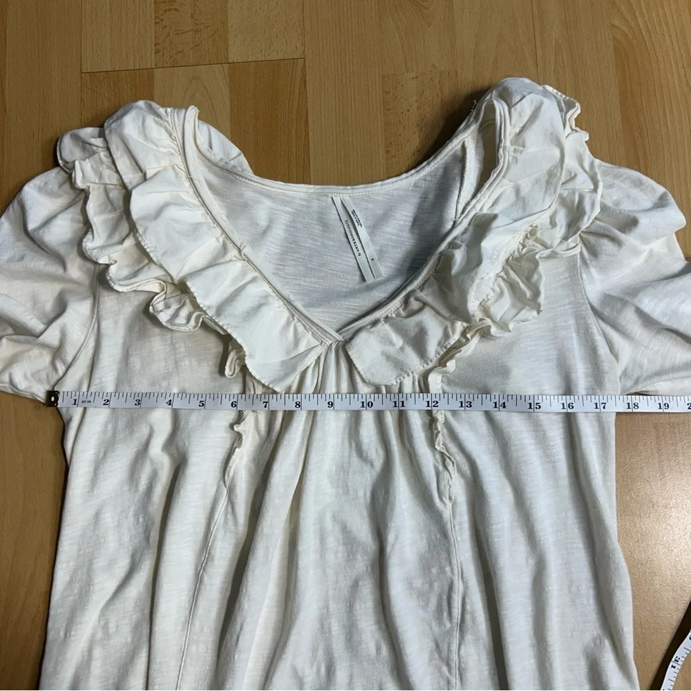Anthropologie Cream‎ Ruffled V-Neck Puff Shoulder Blouse Cotton Small